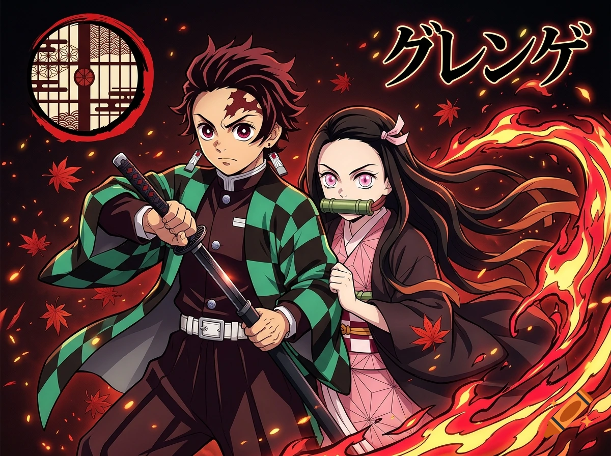 Tanjiro with sword and Nezuko with fire effect in anime style, with Japanese text in the corner.