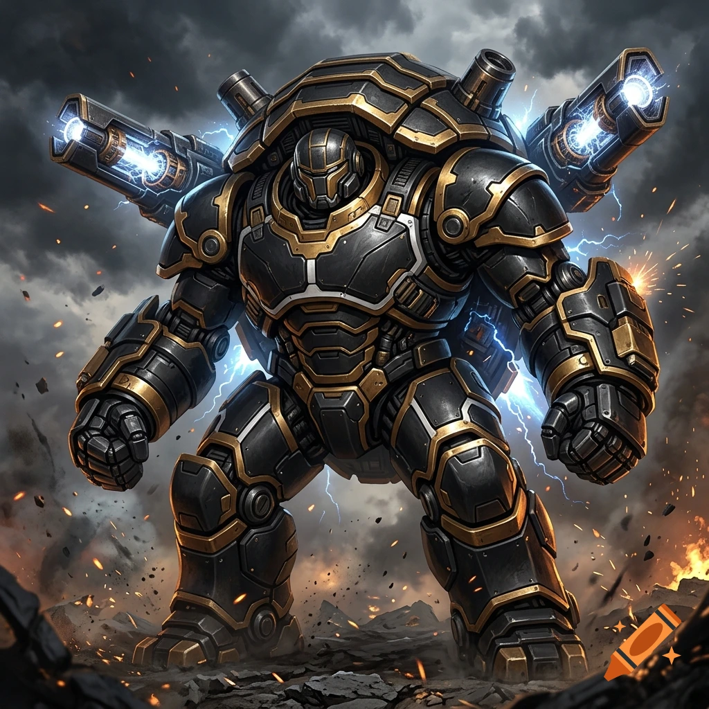 A massive black and gold fortress-like mecha with pulse cannons mounted on its shoulders, standing amid smoke and sparks.