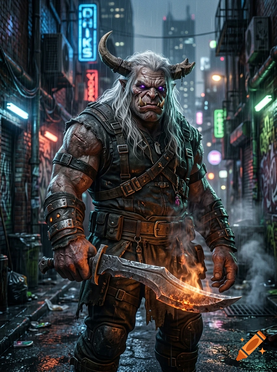 A digital illustration of a troll mage with horns, white hair, and glowing purple eyes holding a fiery blade in a rainy alley.