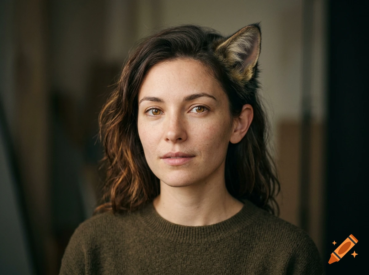 Photorealistic portrait of a woman with dark wavy hair and cat ears.