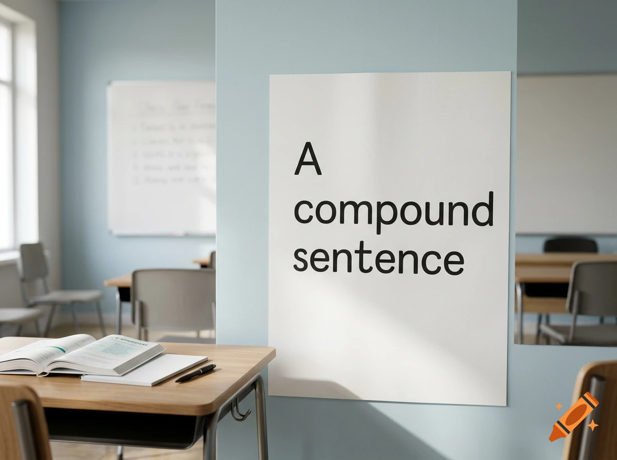 An educational poster on a light blue wall in a classroom reading "A compound sentence", with student desks visible in the foreground and background.