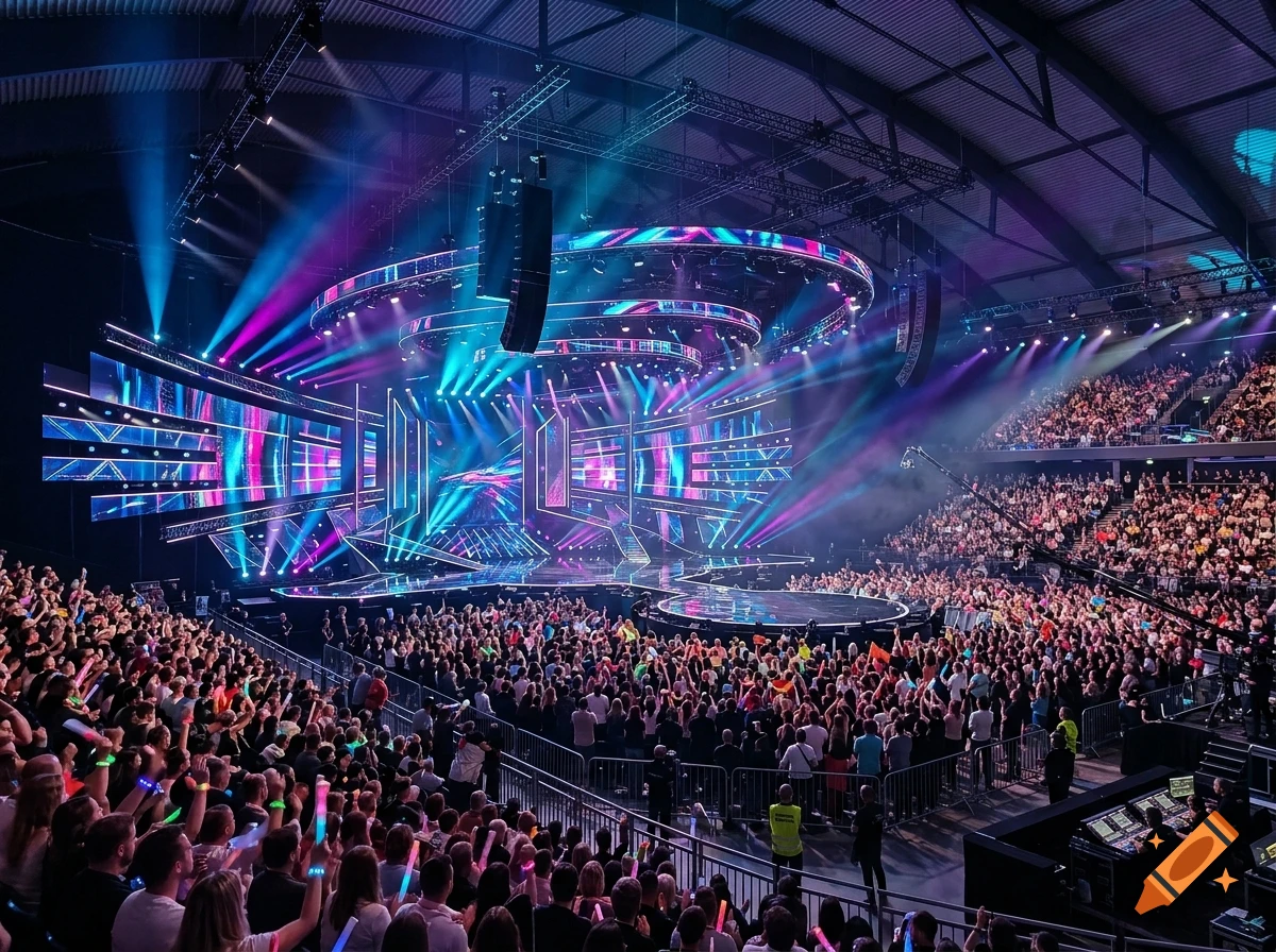 A massive indoor arena filled with a large crowd facing a brightly lit stage with complex lighting and screens.