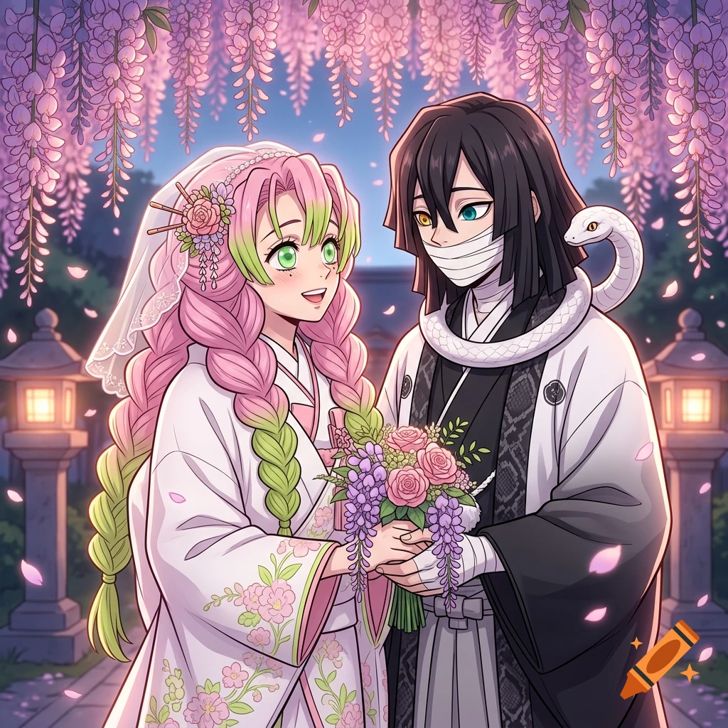 Anime style illustration of Mitsuri Kanroji and Obanai Iguro in a traditional wedding setting under wisteria flowers.