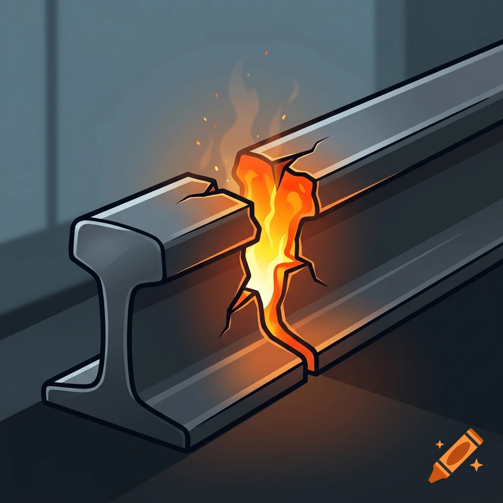 A simplified drawing of a cracked metal rail with a glowing molten core inside.