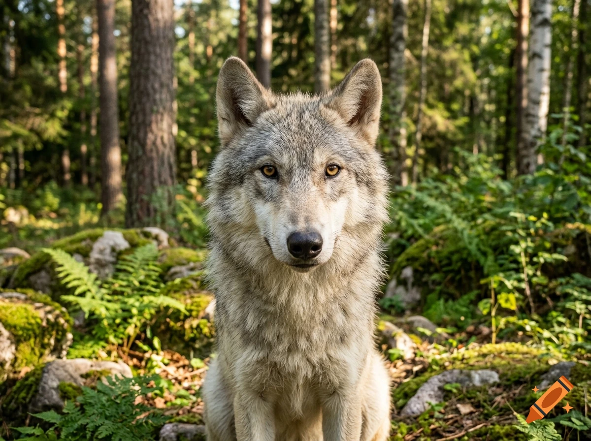 Photorealistic close-up of a gray wolf sitting in a lush forest with green ferns and moss-covered rocks.