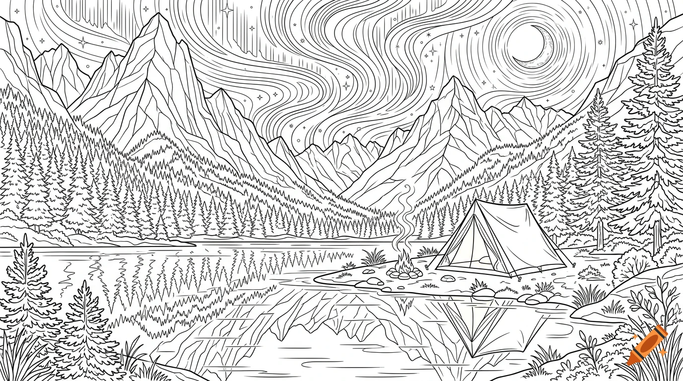 Detailed black and white coloring book page of a mountain landscape with a tent, lake, and aurora borealis in the sky.