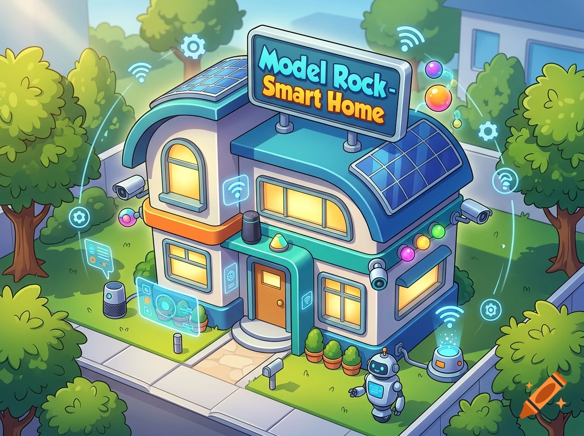 Cartoon animation of a futuristic smart home with solar panels, smart devices, and a sign reading Model Rock Smart Home.