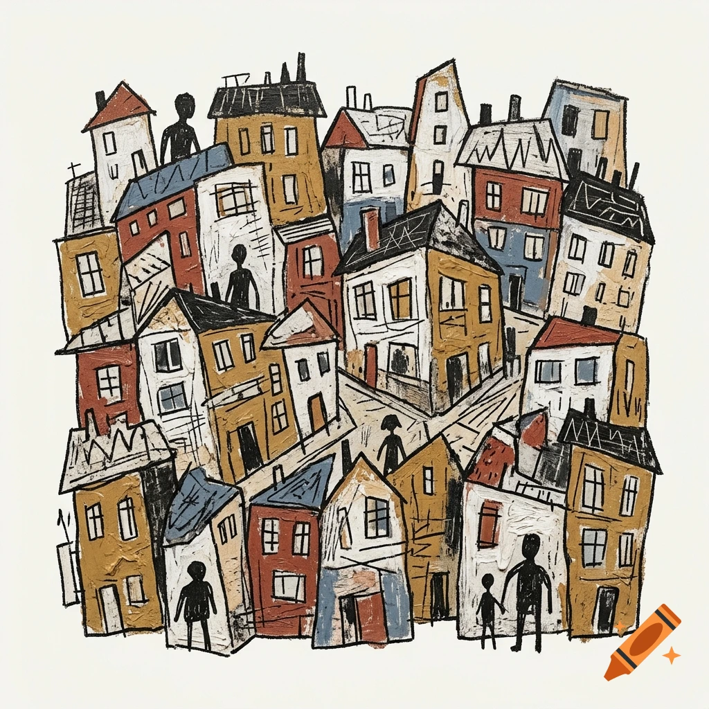 Primitive abstract painting of an urban city scene with stylized buildings and figures in the style of Jean Dubuffet.