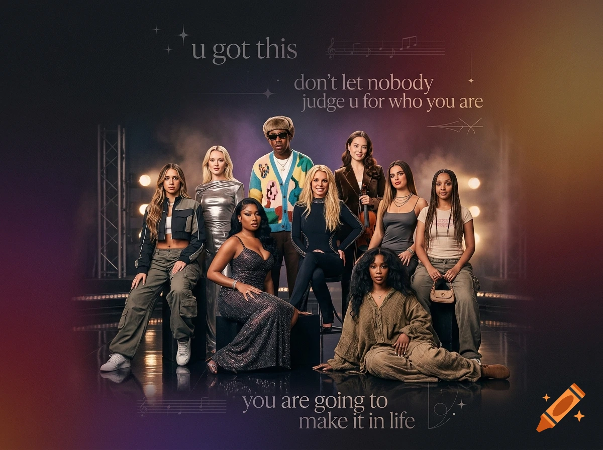 Group portrait of several musicians and artists posing together against a dark background with motivational text overlays.