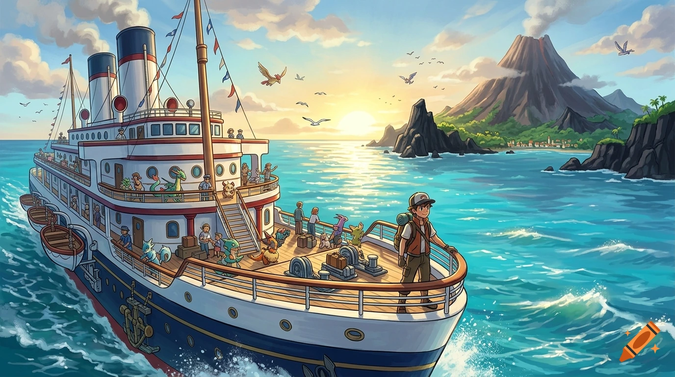 Anime-style illustration of a large passenger ship sailing on the sea towards an island with a smoking volcano at sunrise.