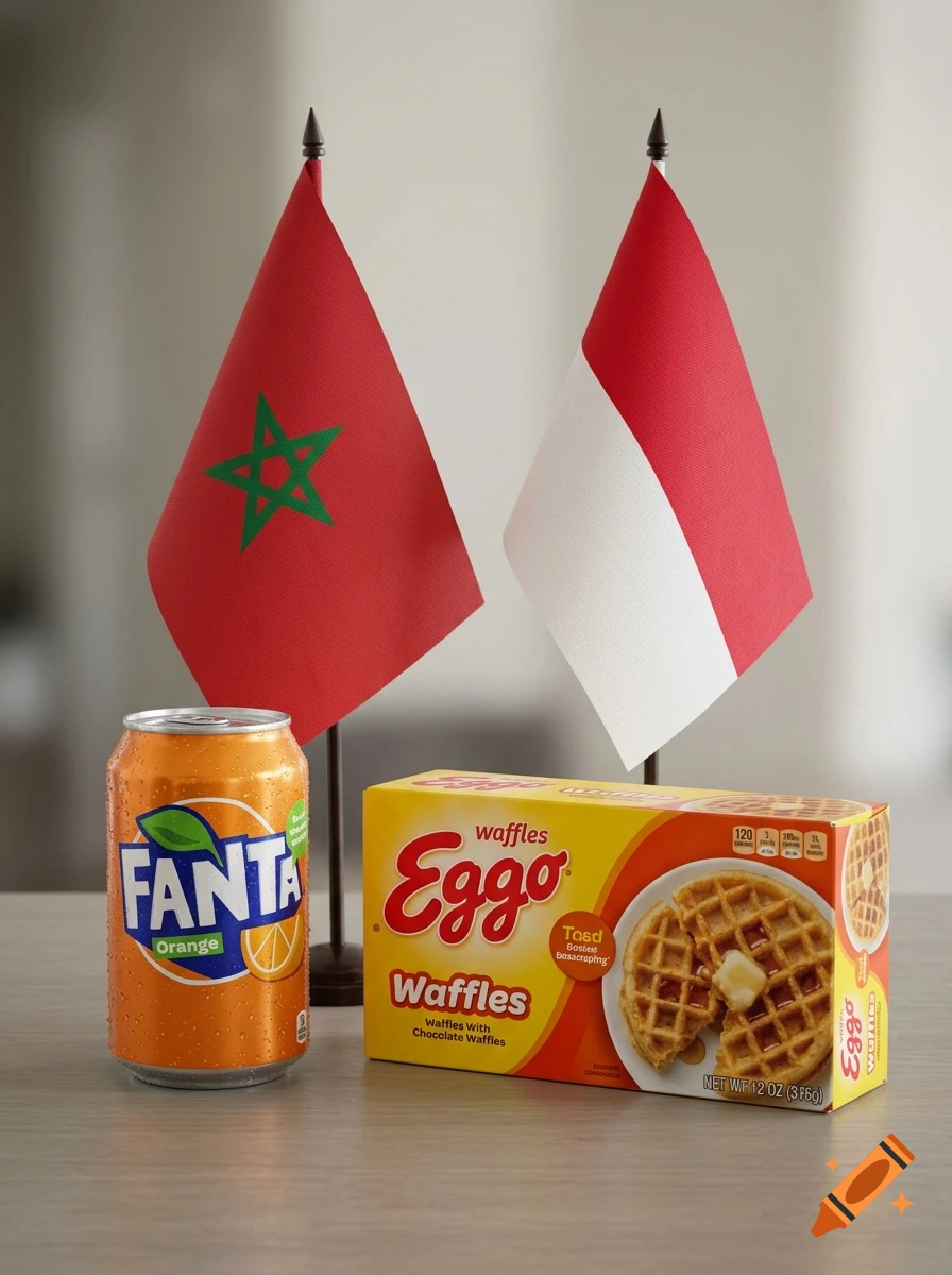 Photorealistic still life featuring a Fanta can, an Eggo waffles box, and two small flags of Morocco and Monaco.