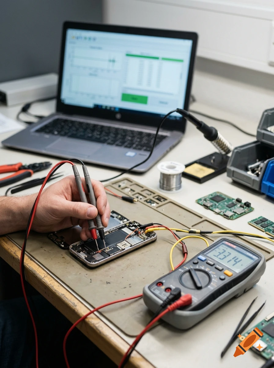 Close-up photograph of a technician repairing a smartphone with a multimeter and soldering station.