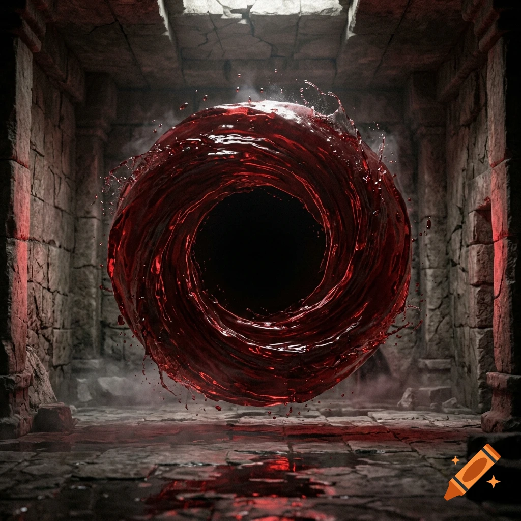 A swirling portal of dark red blood floating in the center of an ancient stone dungeon corridor, photorealistic.