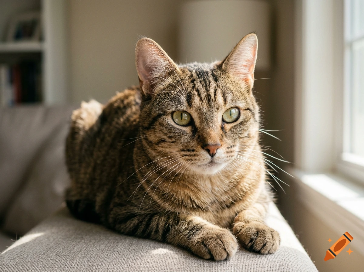 Photorealistic close-up of a tabby cat lying on a couch near a window.