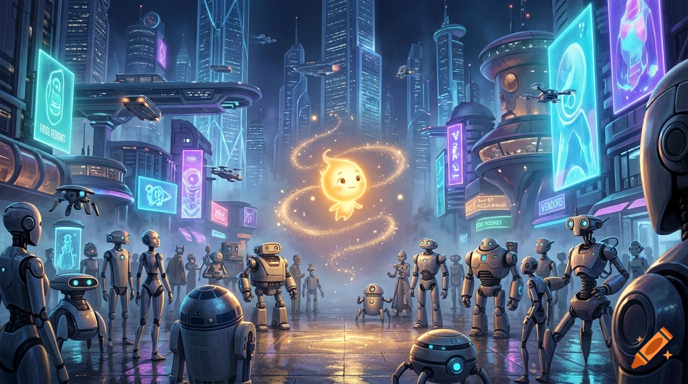 A glowing spark character surrounded by various robots in a futuristic city at night, digital art style.