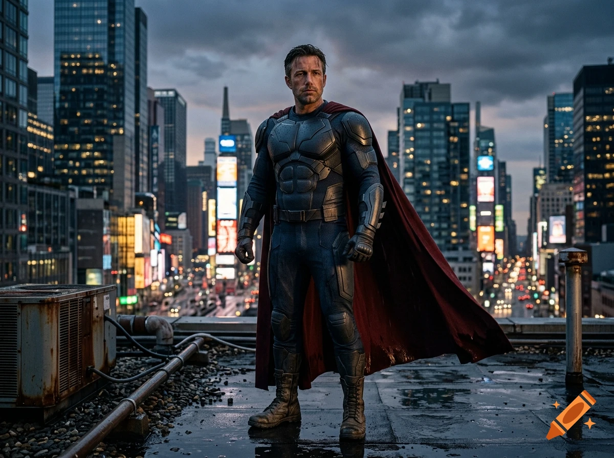 Photorealistic image of a superhero in dark tactical armor and a red cape standing on a wet rooftop overlooking a city at dusk.