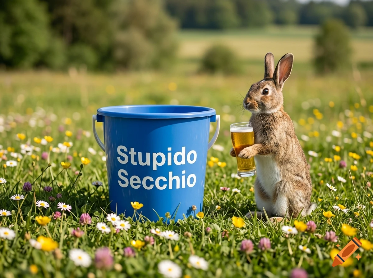 Photorealistic image of a brown rabbit holding a beer glass next to a blue bucket with the text 'Stupido Secchio' in a blooming meadow.