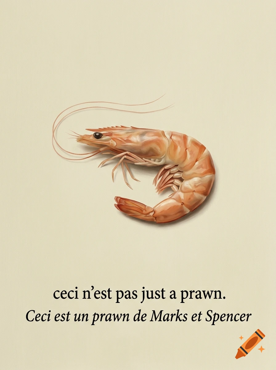 Surrealist oil painting of a single prawn on a cream background, accompanied by French text in the style of Rene Magritte.