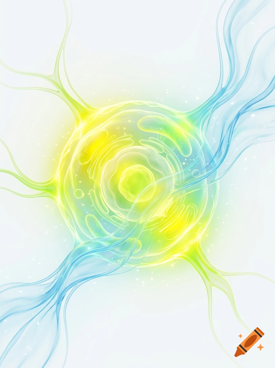 An illustration of a biological cell with glowing yellow and green nucleus and organelles, connected by flowing blue and green tendrils on a light background.
