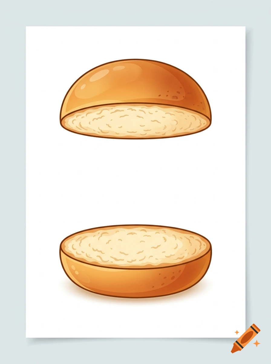 An illustration of a sliced bread bun, showing the top half and bottom half separated against a white background.
