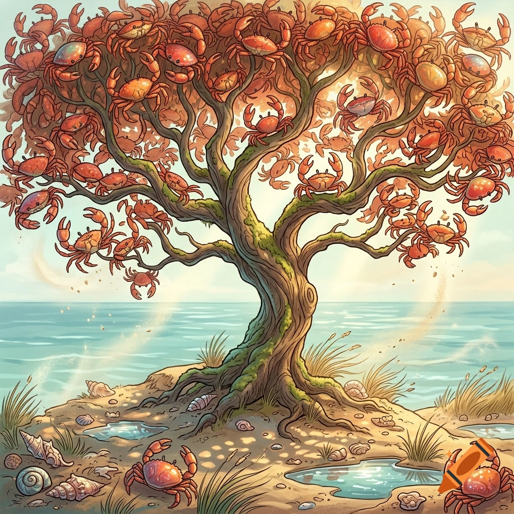 An illustrated fantasy tree with crabs instead of leaves, standing on a sandy shore next to the ocean.
