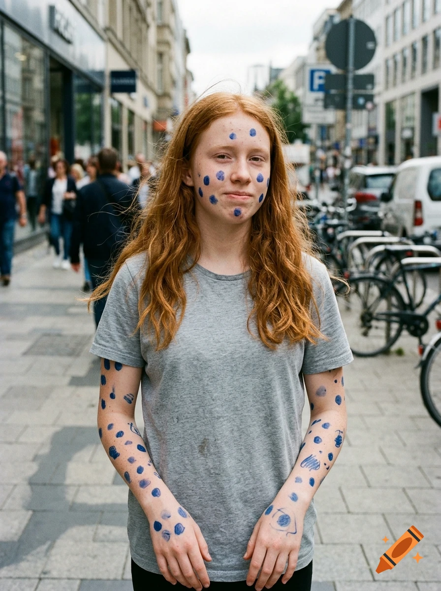 Photorealistic medium shot of a red-haired teenage girl standing on a city street, with blue ink dots drawn on her face and arms.