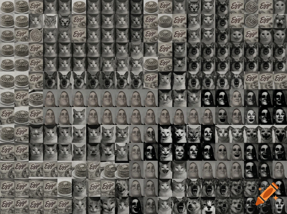 A grayscale collage grid featuring Eggo waffle boxes, cat faces, scary dogs, and Mr. Incredible uncanny meme faces.