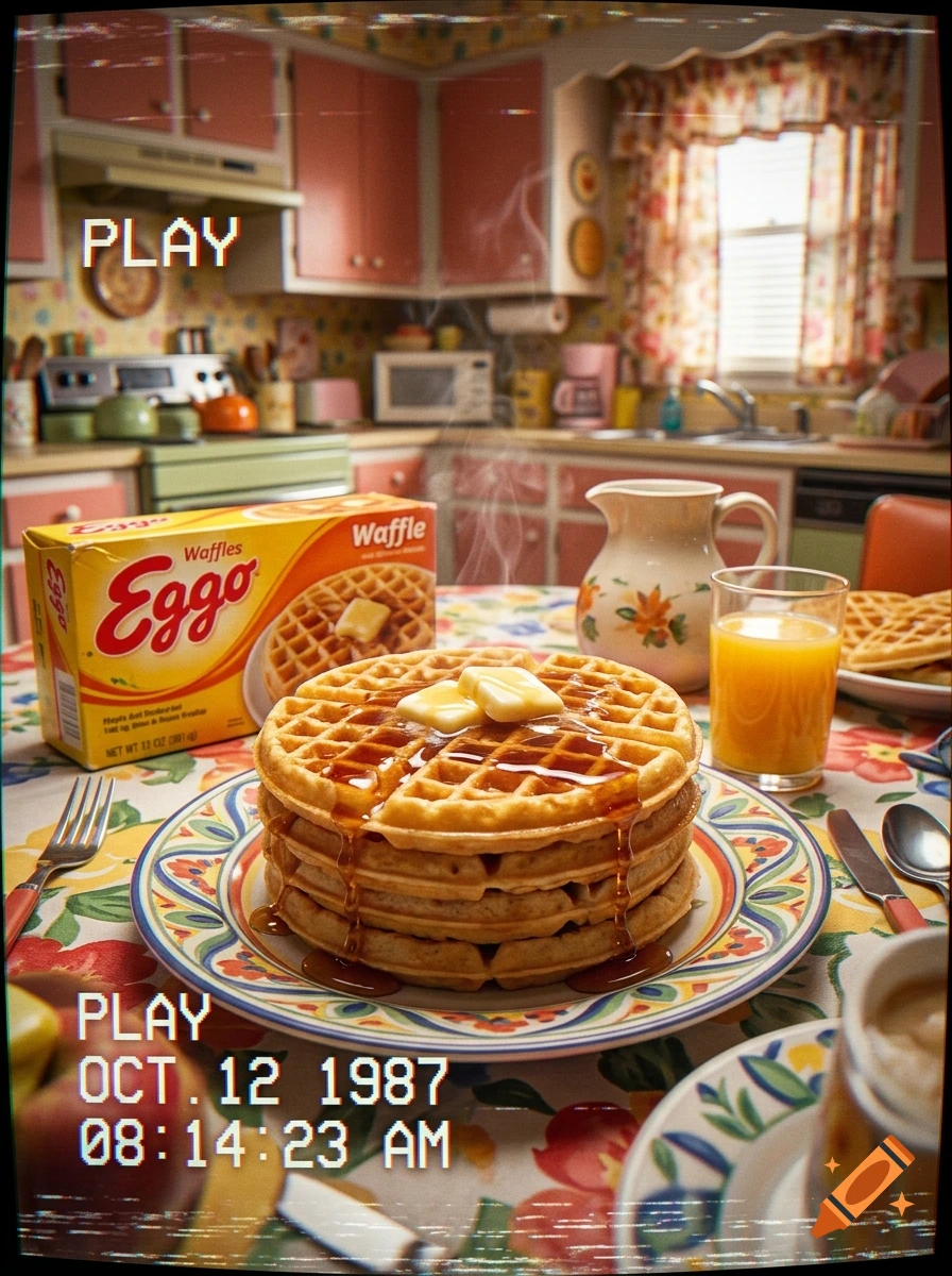 A stack of Eggo waffles with syrup and butter on a plate, set in a vintage 1980s kitchen with VHS effect overlay.