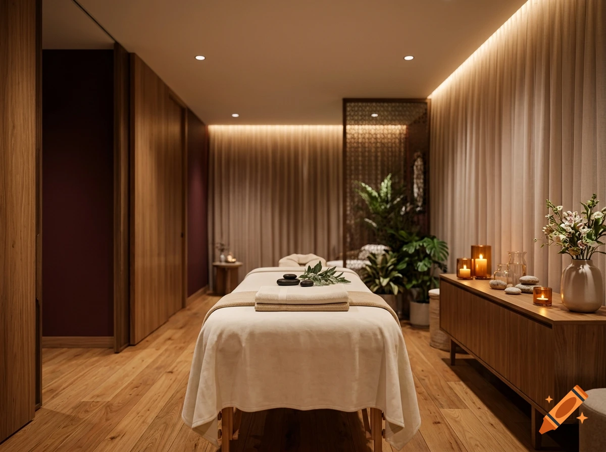 Photorealistic interior view of a modern spa massage room with a treatment bed, wooden walls, and ambient lighting.