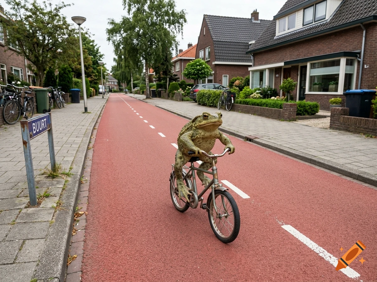 A large toad is riding a small bicycle down a red asphalt bike lane on a residential street.