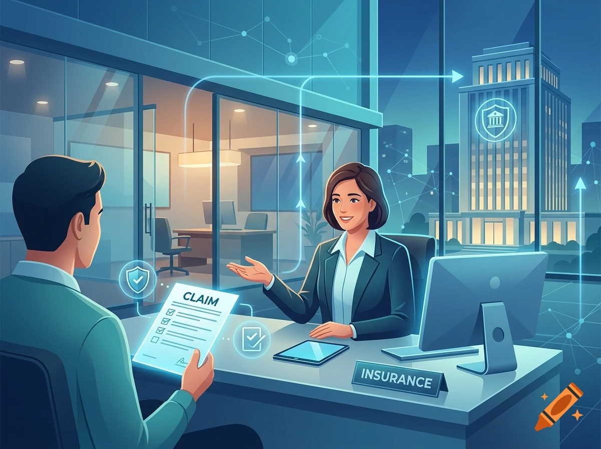 Digital illustration of a client meeting an insurance agent in a modern blue-toned office, reviewing a claim document.