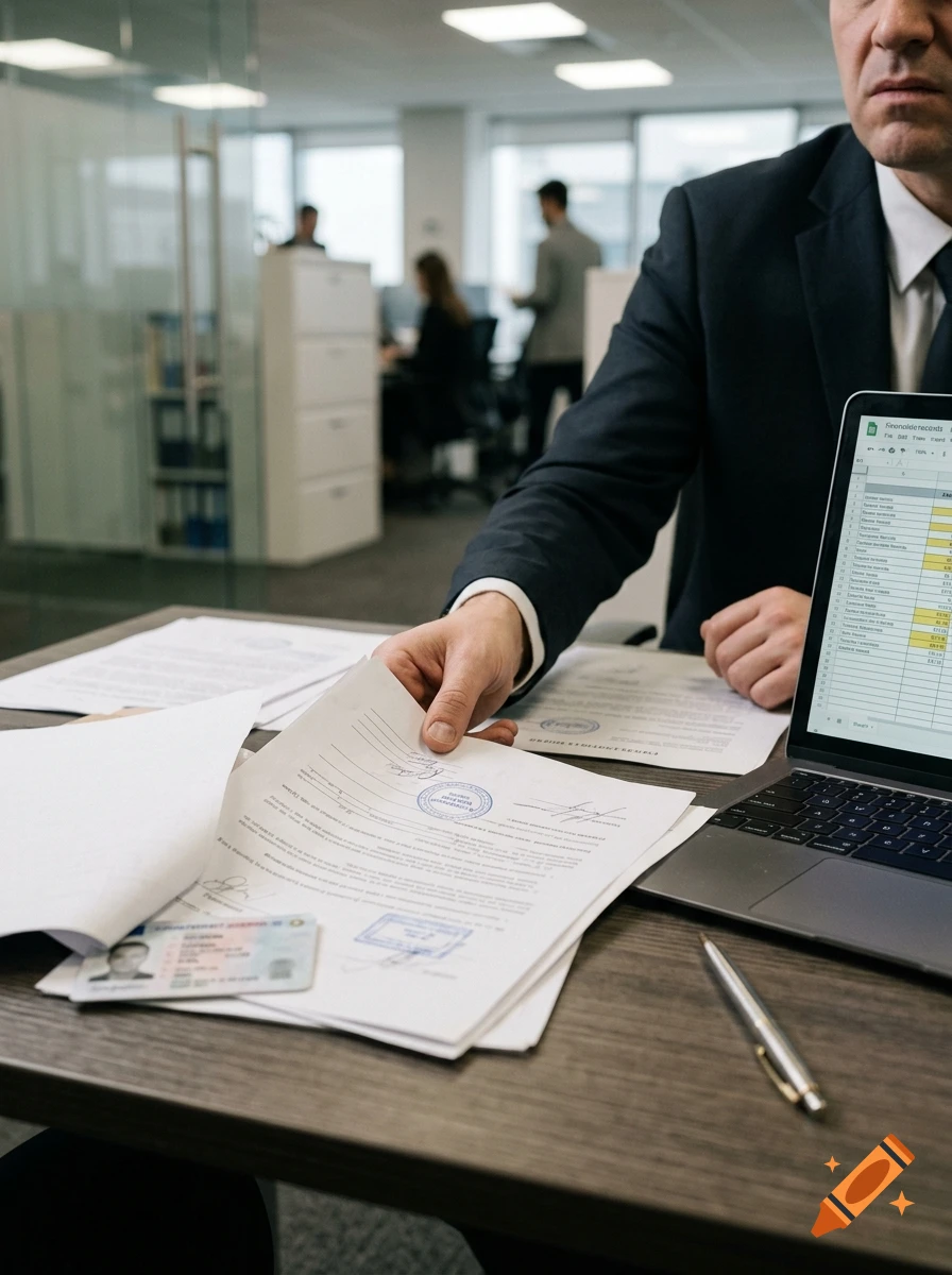 Close-up of a man in a suit handing over fraudulent documents across a desk next to a laptop.