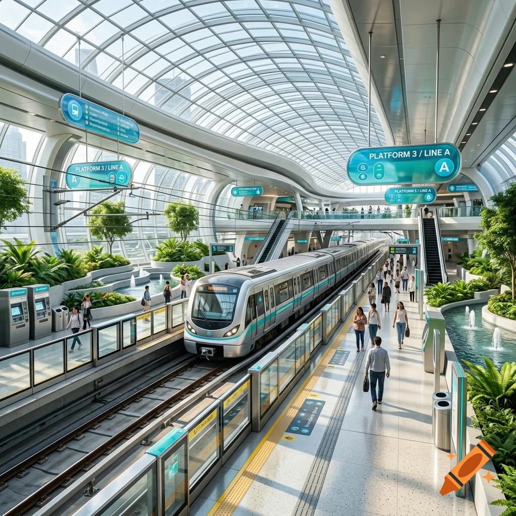 Futuristic train station with a glass dome roof, green plants, and digital platform signs in a photorealistic style.