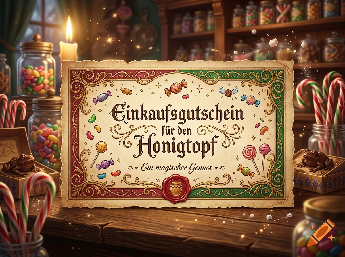 An illustrated gift voucher for the Honeydukes sweet shop in a fantasy wizarding world style, surrounded by candy jars and sweets on a wooden table.