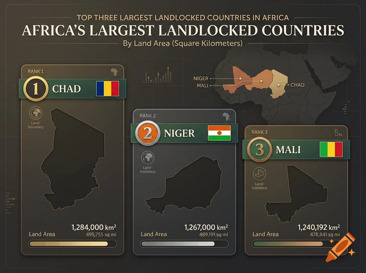 An infographic displaying the top three largest landlocked countries in Africa: Chad, Niger, and Mali, with land area and maps.