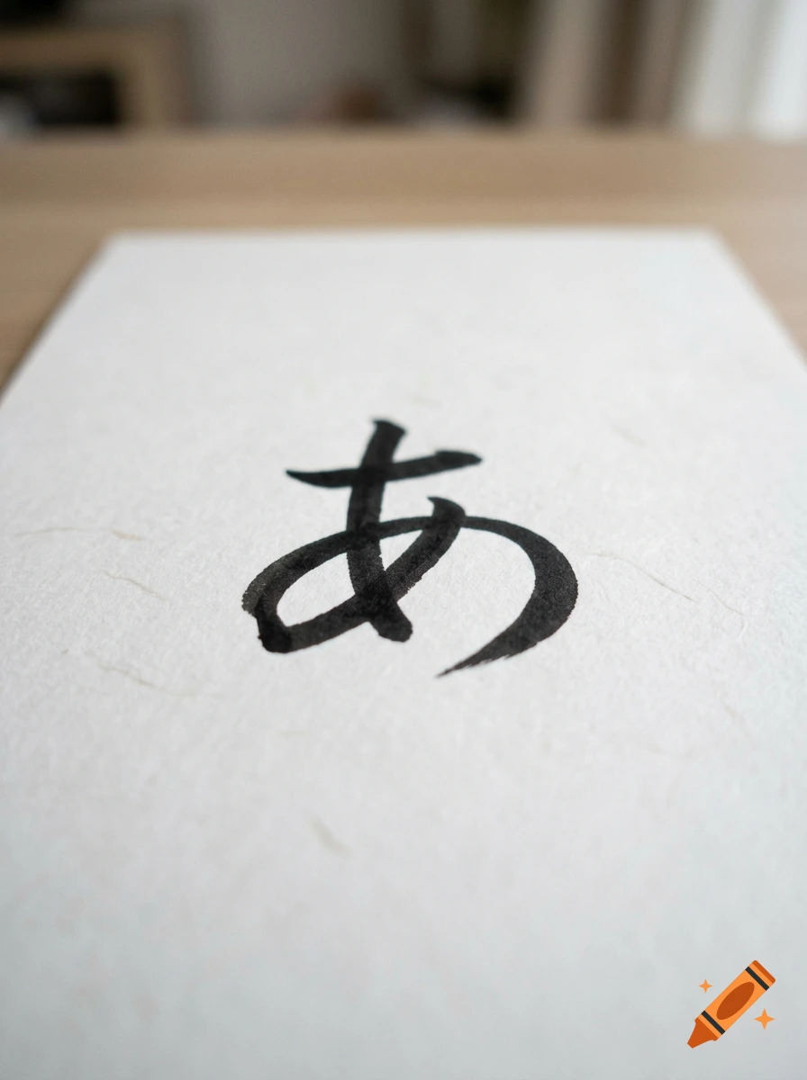 Close-up of Japanese hiragana character 'a' written in black ink on textured white paper.