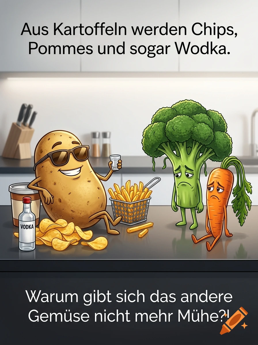 Comic illustration of a cool potato with sunglasses holding vodka, surrounded by chips and fries, while sad broccoli and carrot look on.