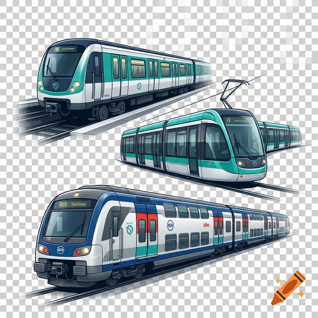 Digital illustration of RER, tramway, and metro vehicles from RATP on a transparent background.
