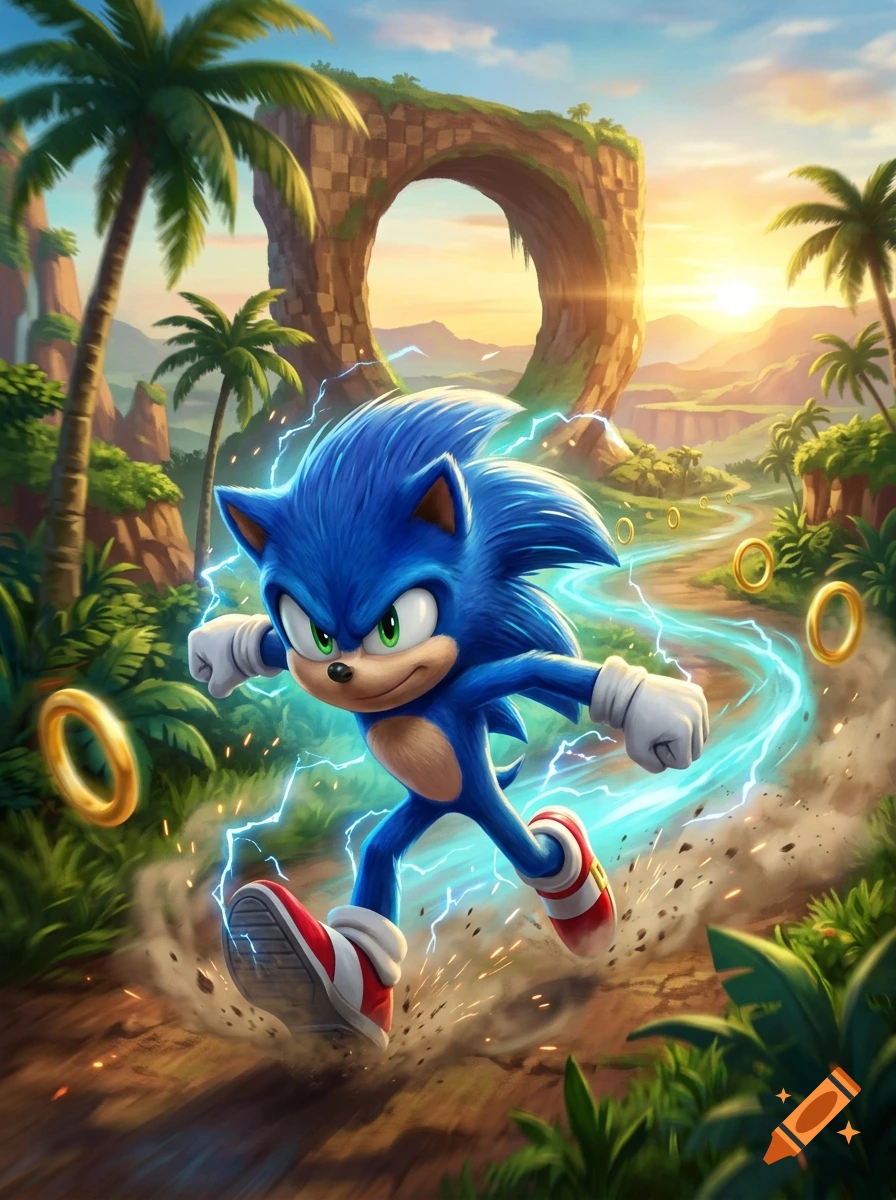 Sonic the Hedgehog running fast through a tropical jungle landscape with gold rings and a giant loop in the background, digital art style.
