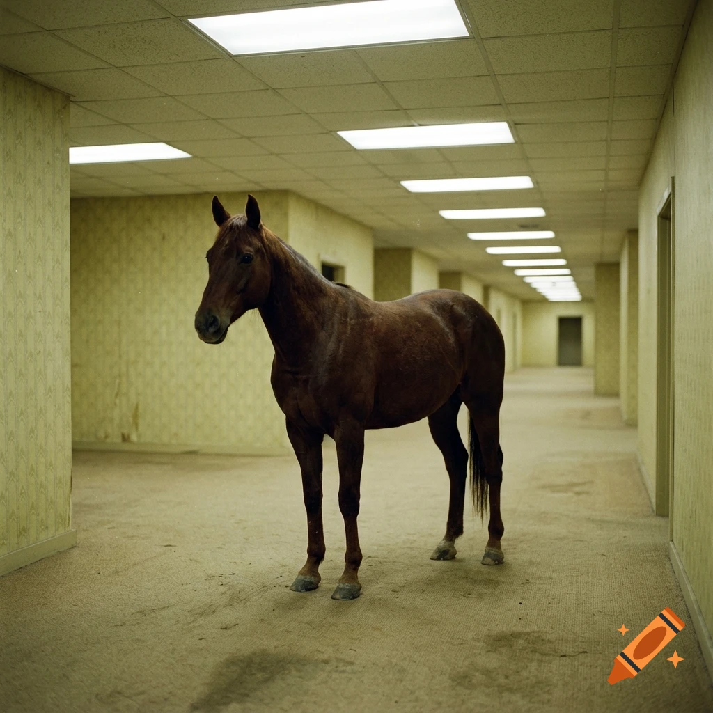 A brown horse standing in the middle of a long, empty indoor corridor with yellow-patterned walls and a drop ceiling with fluorescent lights.