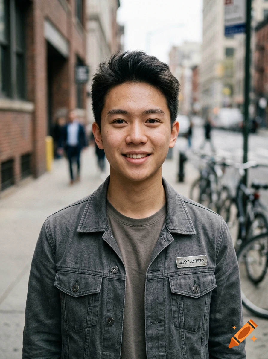 Photorealistic medium shot of a smiling young man on a city street, wearing a grey jacket and a name tag that reads JEPPY JOTHERS.