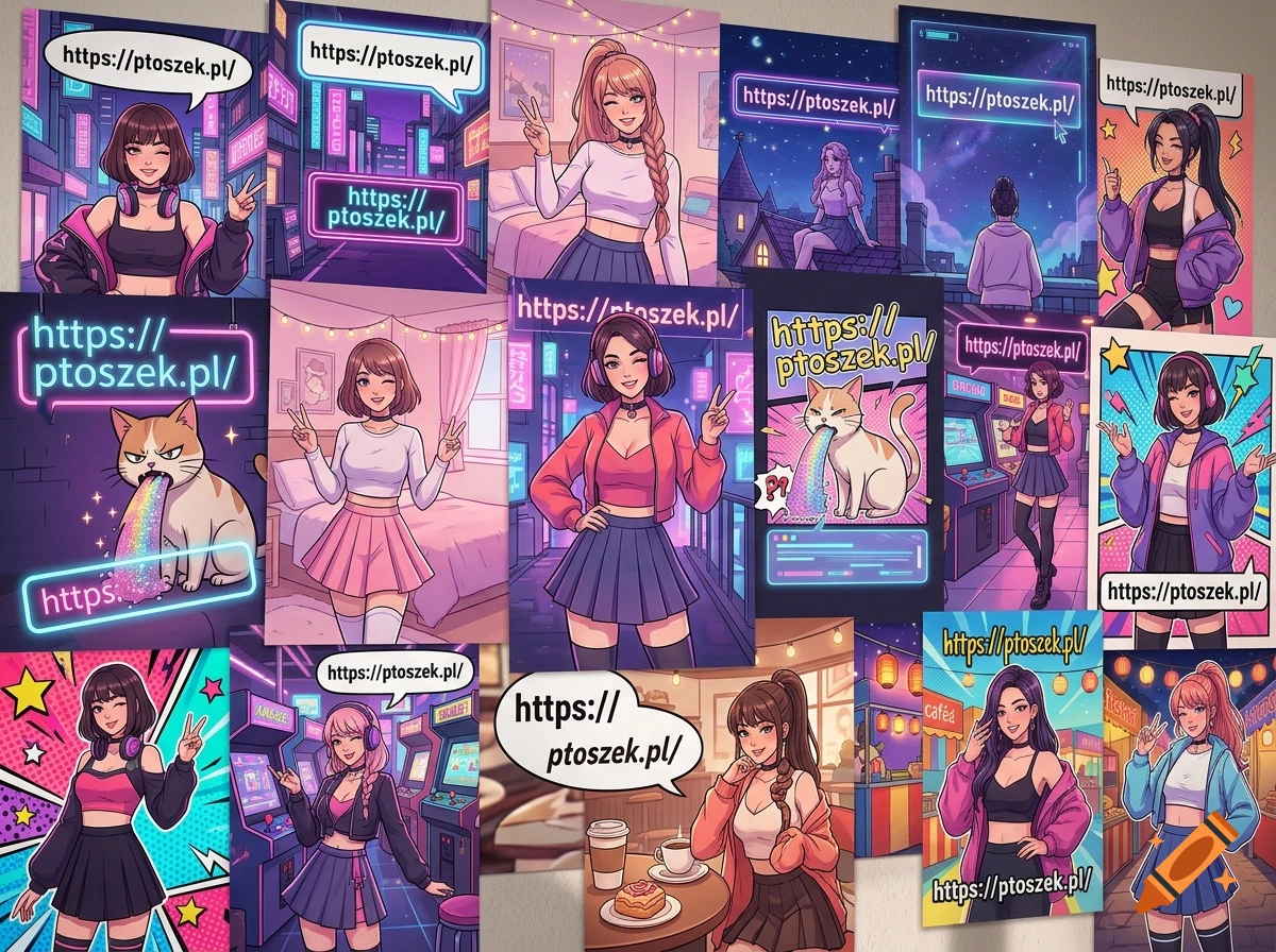Collage of anime-style posters featuring young women and a cat regurgitating a rainbow, with the URL https://ptoszek.pl/