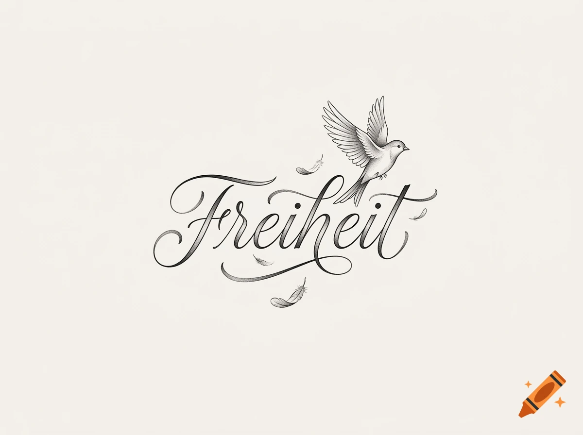 Calligraphic German word 'Freiheit' in elegant cursive script with a flying bird and feathers, stippling style.