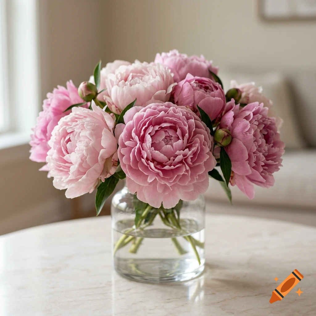 A bouquet of pink and light pink peonies arranged in a clear glass vase on a round marble table.