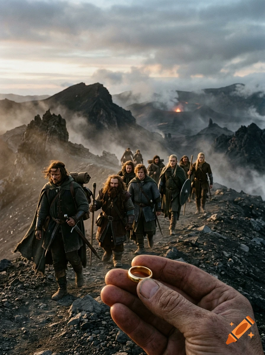 First-person perspective holding the One Ring, with the Fellowship of the Ring walking across a rocky volcanic landscape in a photorealistic style.