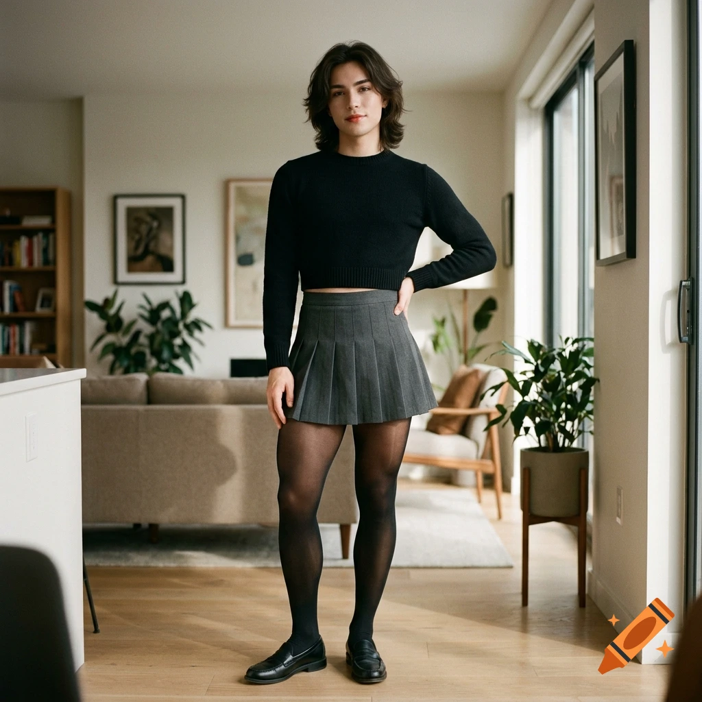 Photorealistic full-body shot of a person with medium-length dark hair, wearing a black crop top, grey pleated skirt, black tights, and loafers, standing in a modern apartment living room.