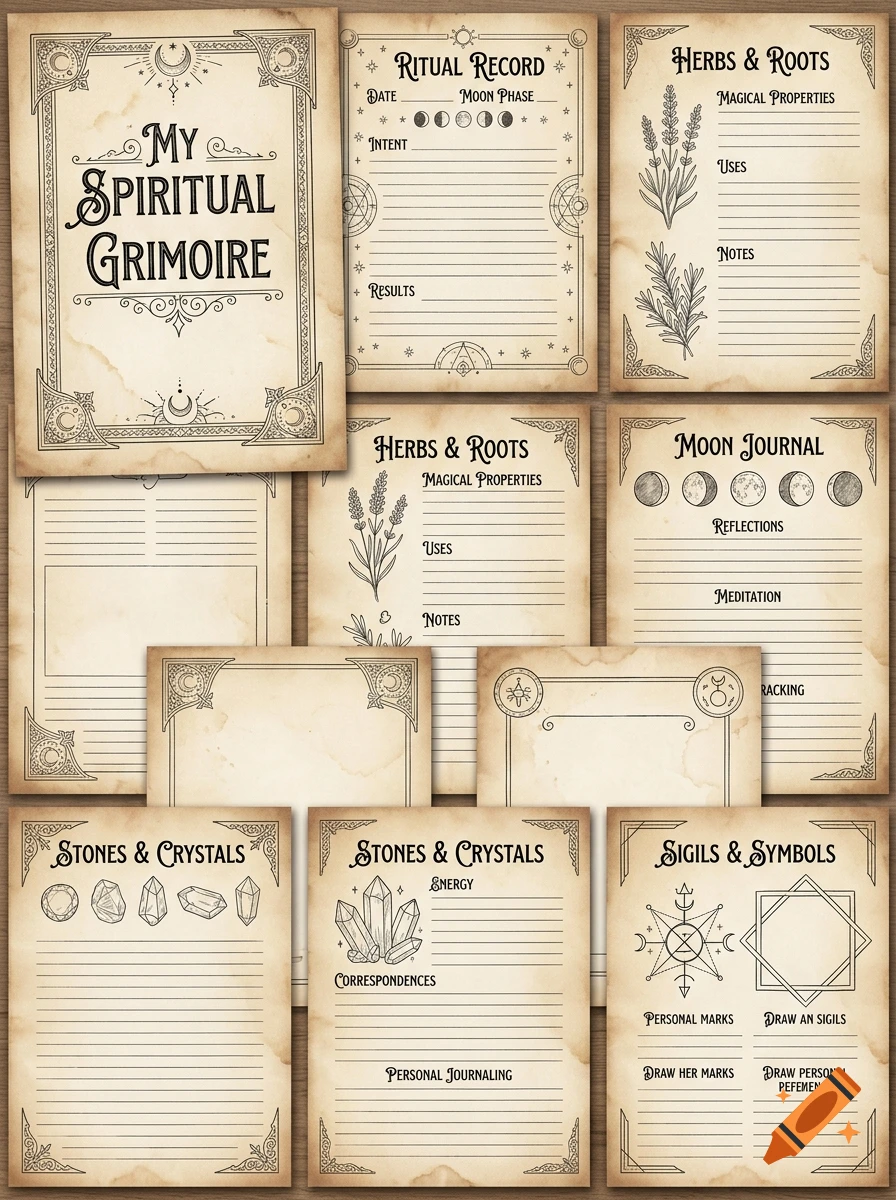 Collection of aged parchment pages with vintage occult designs, ritual logs, herb guides, and moon journals in an overhead view.