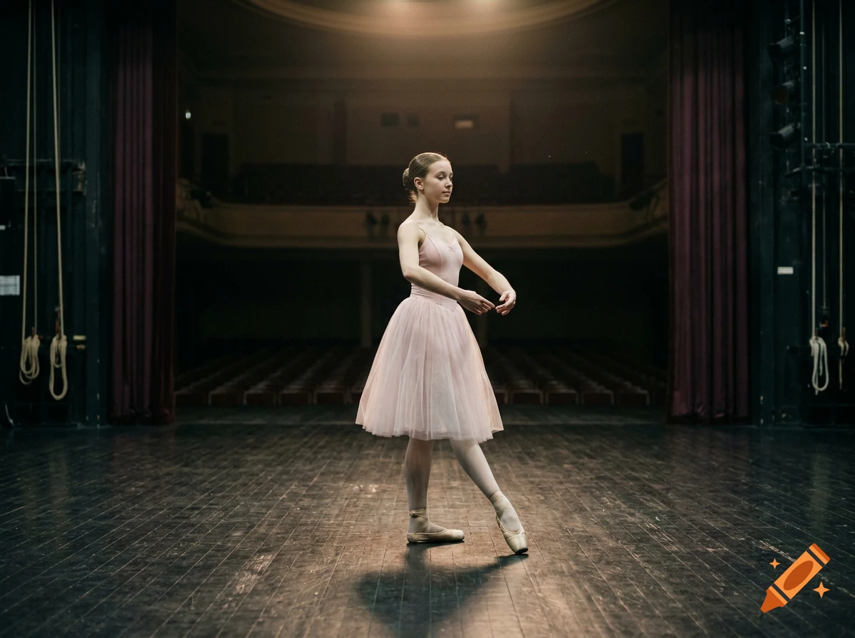 A young ballerina in a pink tutu performing on a dark theater stage, photorealistic.