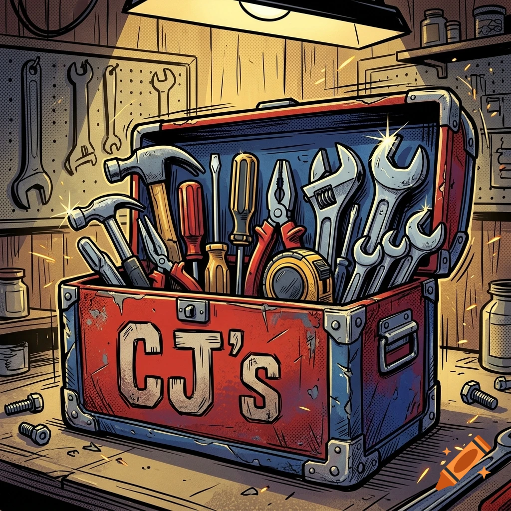 Comic-style illustration of a red metal toolbox filled with tools on a workbench.