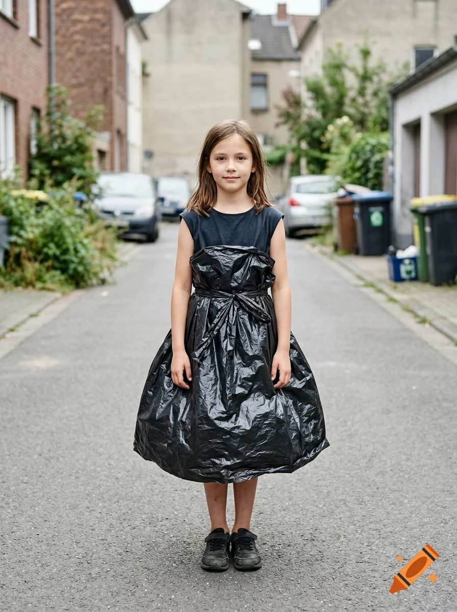 Photorealistic image of a young girl standing in an alleyway wearing a dress made out of a black trash bag.